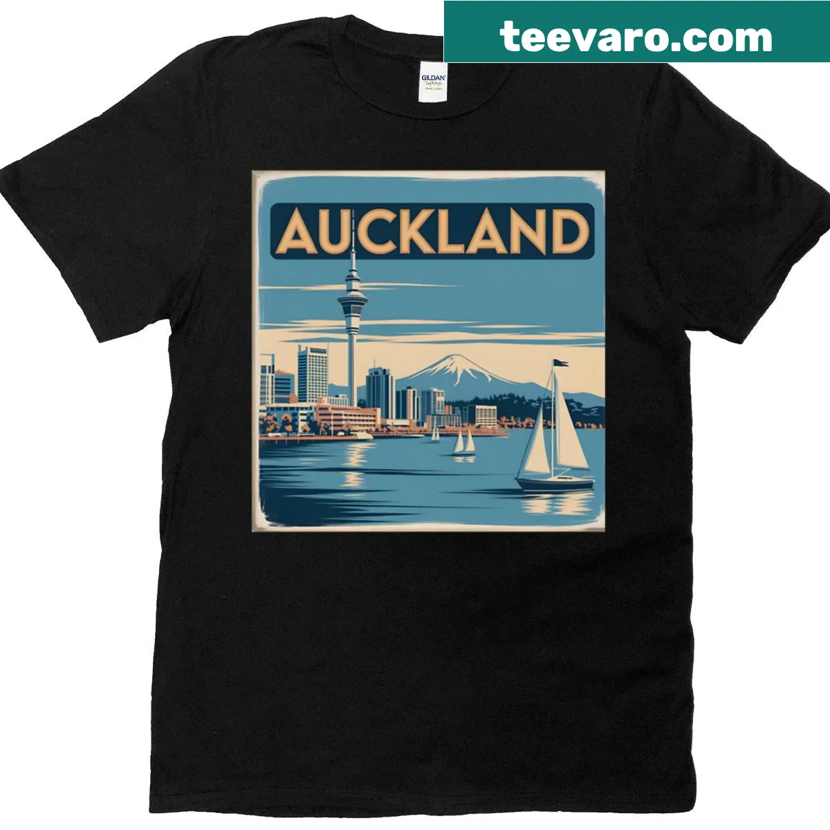 Auckland travel poster T-shirt featuring iconic city elements — on a men's t-shirt