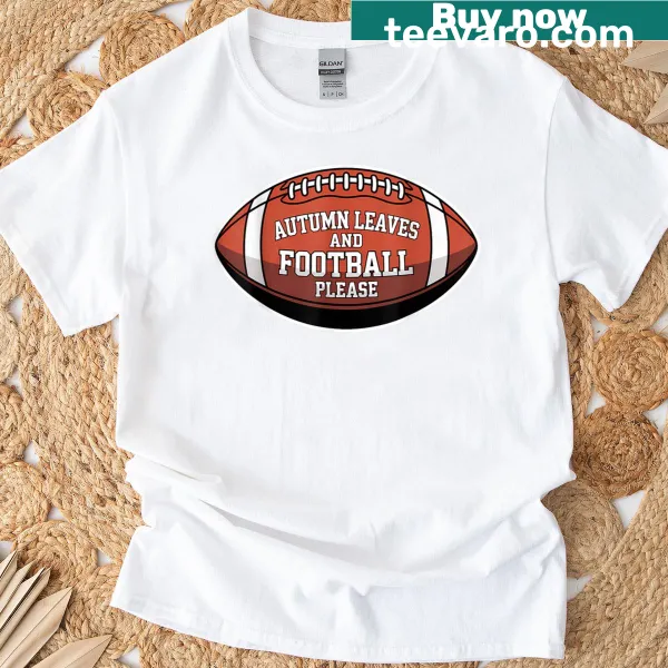 Autumn-themed football t-shirt with leaves and sports imagery