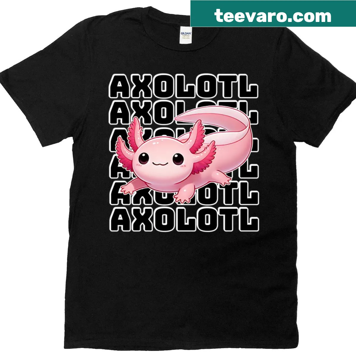 Kawaii axolotl text pattern T-shirt featuring smiling axolotls — on a men's t-shirt