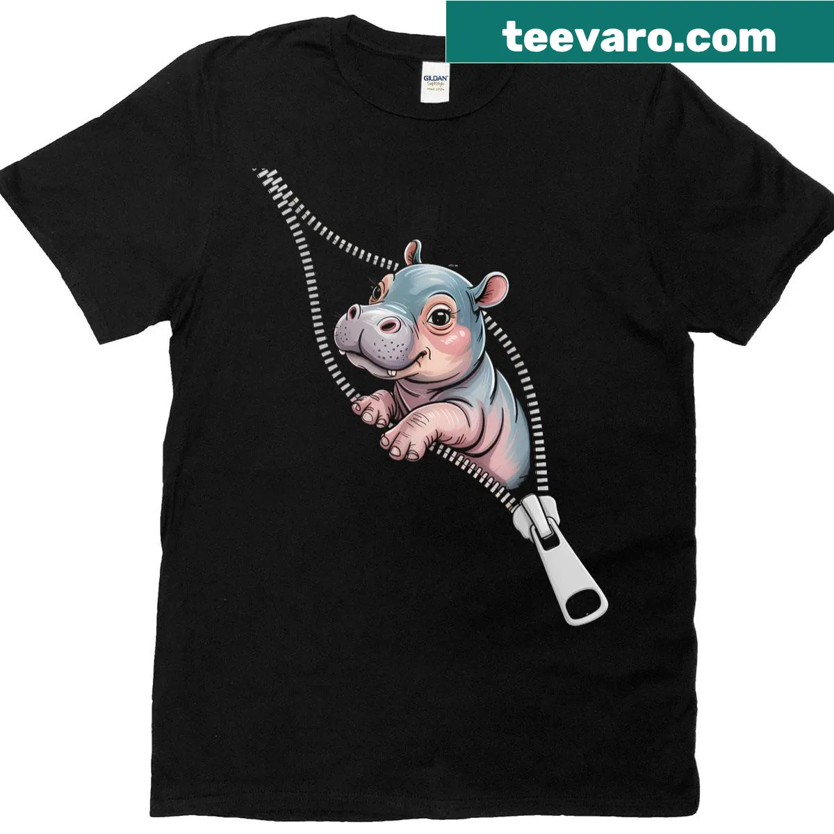 Funny Baby Hippo t-shirt featuring a hippo emerging from a zipper. — on a men's t-shirt