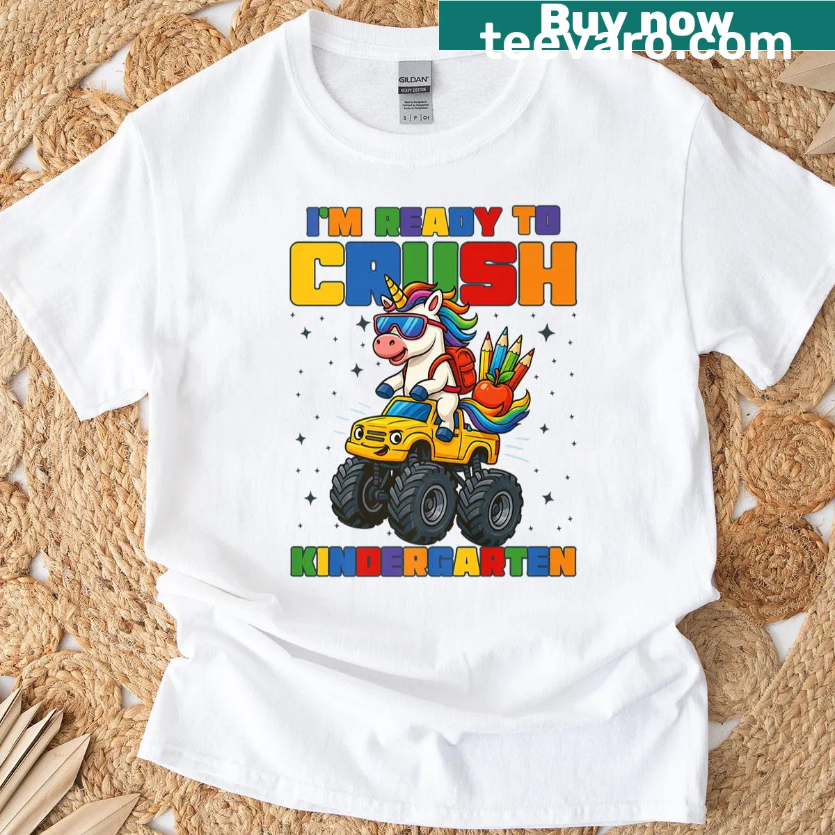 Playful T-shirt with a unicorn and kindergarten theme for boys — on a men's t-shirt