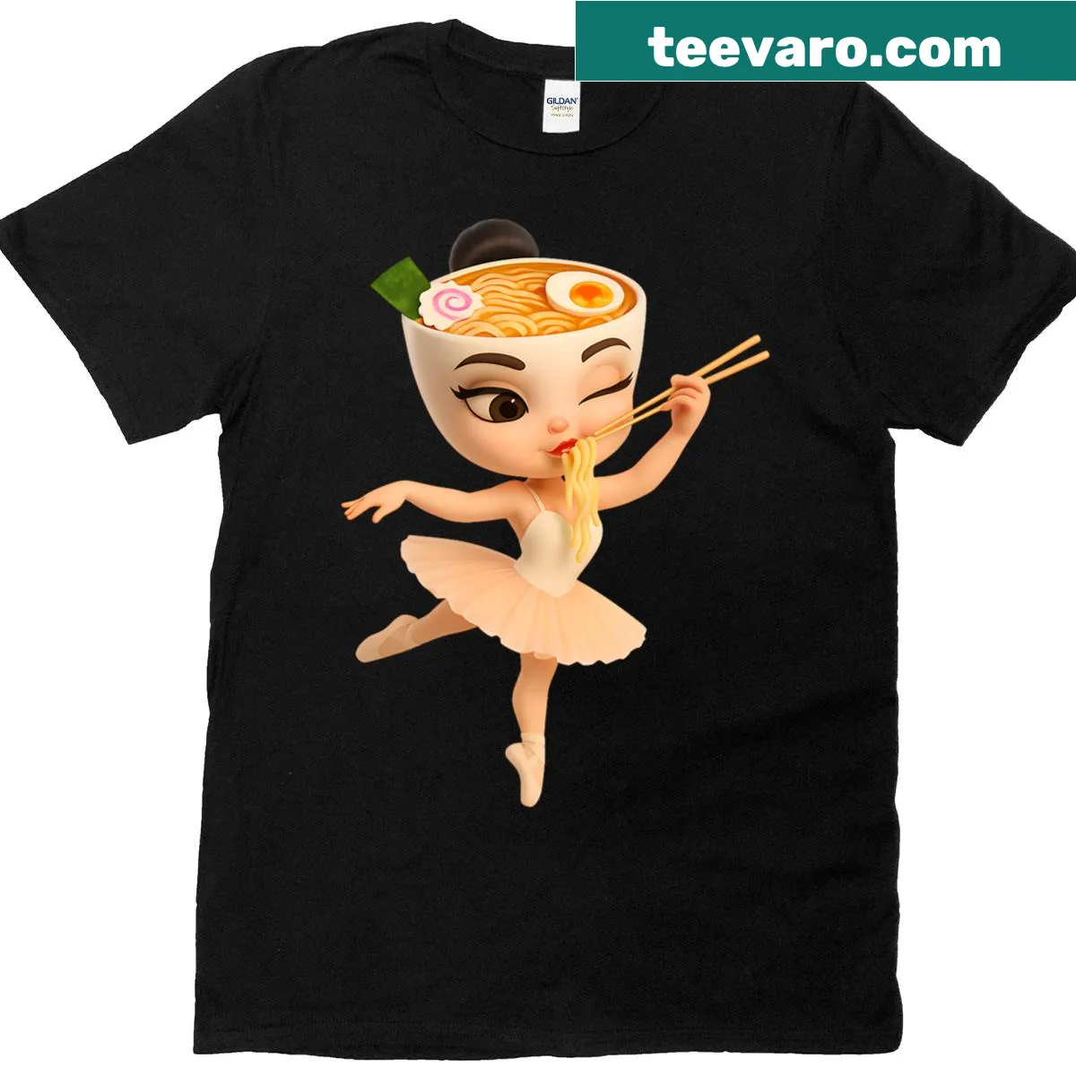Ballerina graphic eating ramen on premium T-shirt — on a men's t-shirt
