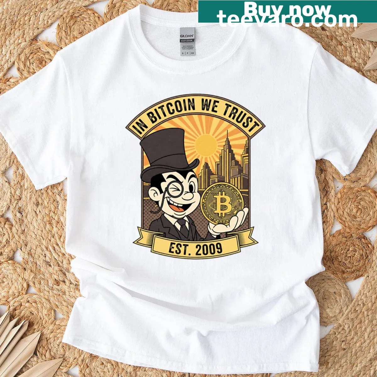 Bitcoin-themed T-shirt featuring the phrase 'In Bitcoin We Trust' in bold typography. — on a men's t-shirt