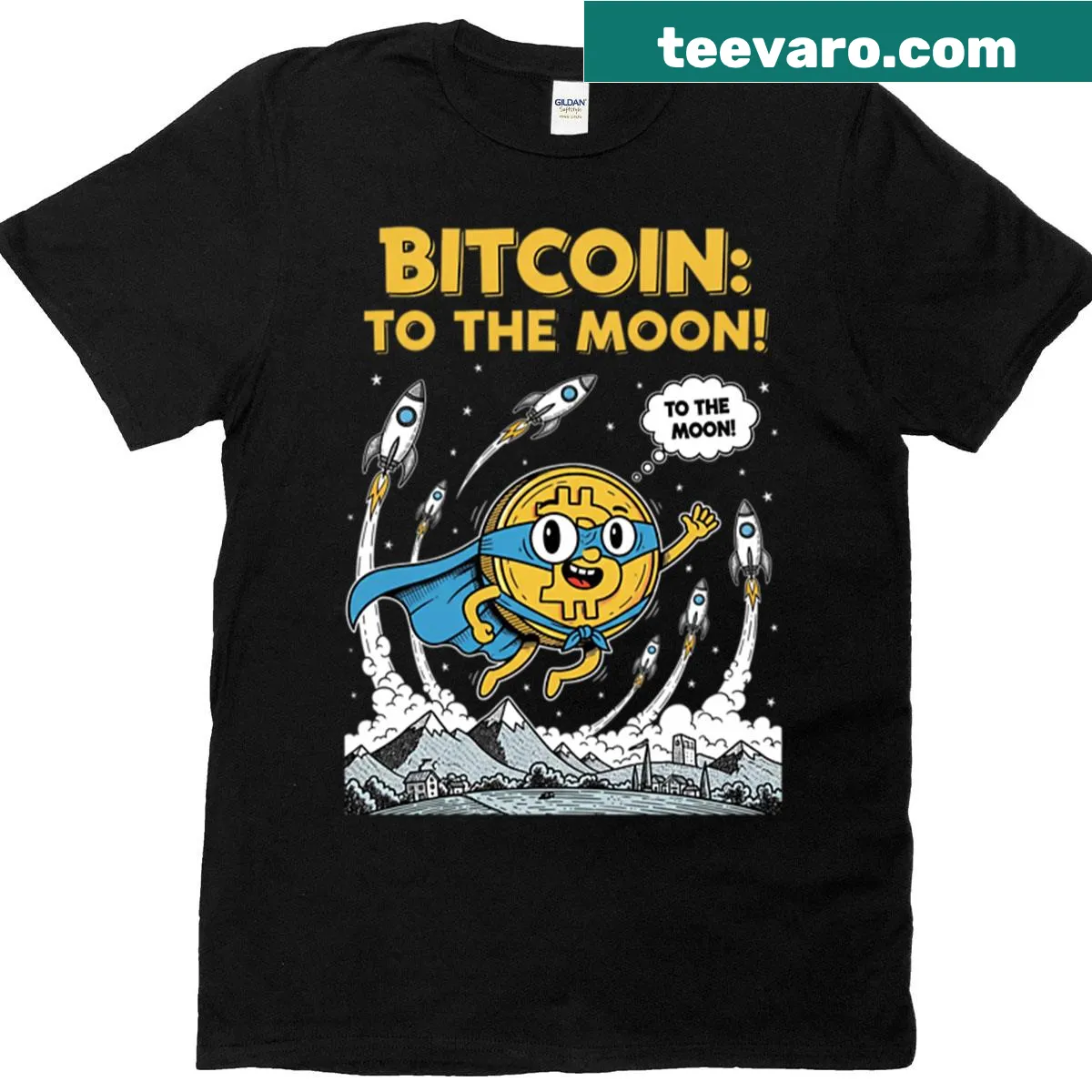 Playful Bitcoin To The Moon graphic on oversized T-shirt — on a men's t-shirt