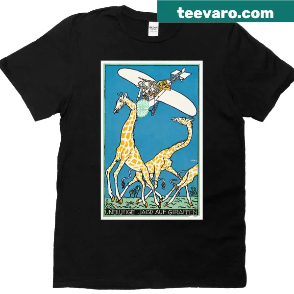 Whimsical T-shirt featuring a bloodless giraffe hunt illustration