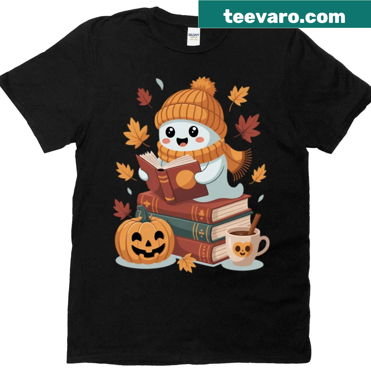 Oversized t-shirt featuring a playful ghost reading books for Halloween — on a men's t-shirt