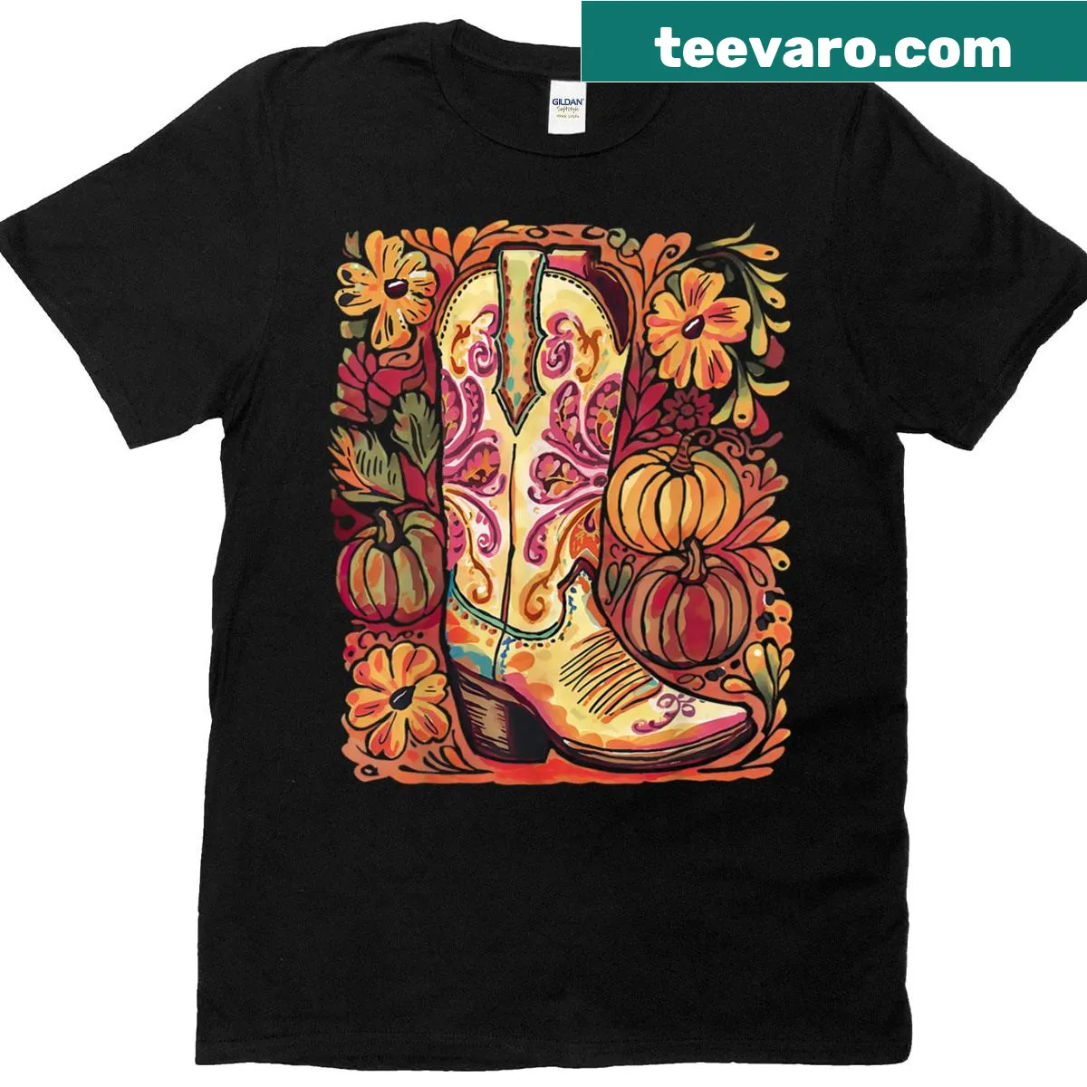 Whimsical T-shirt with cowboy boots, pumpkins, and fall leaves illustration — on a men's t-shirt