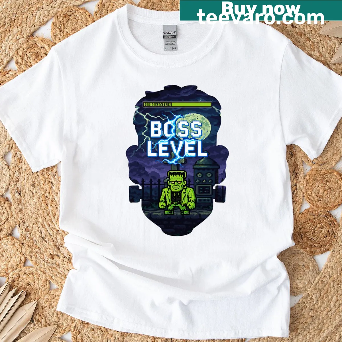 Oversized T-shirt featuring a pixelated Frankenstein design inspired by horror games. — on a men's t-shirt