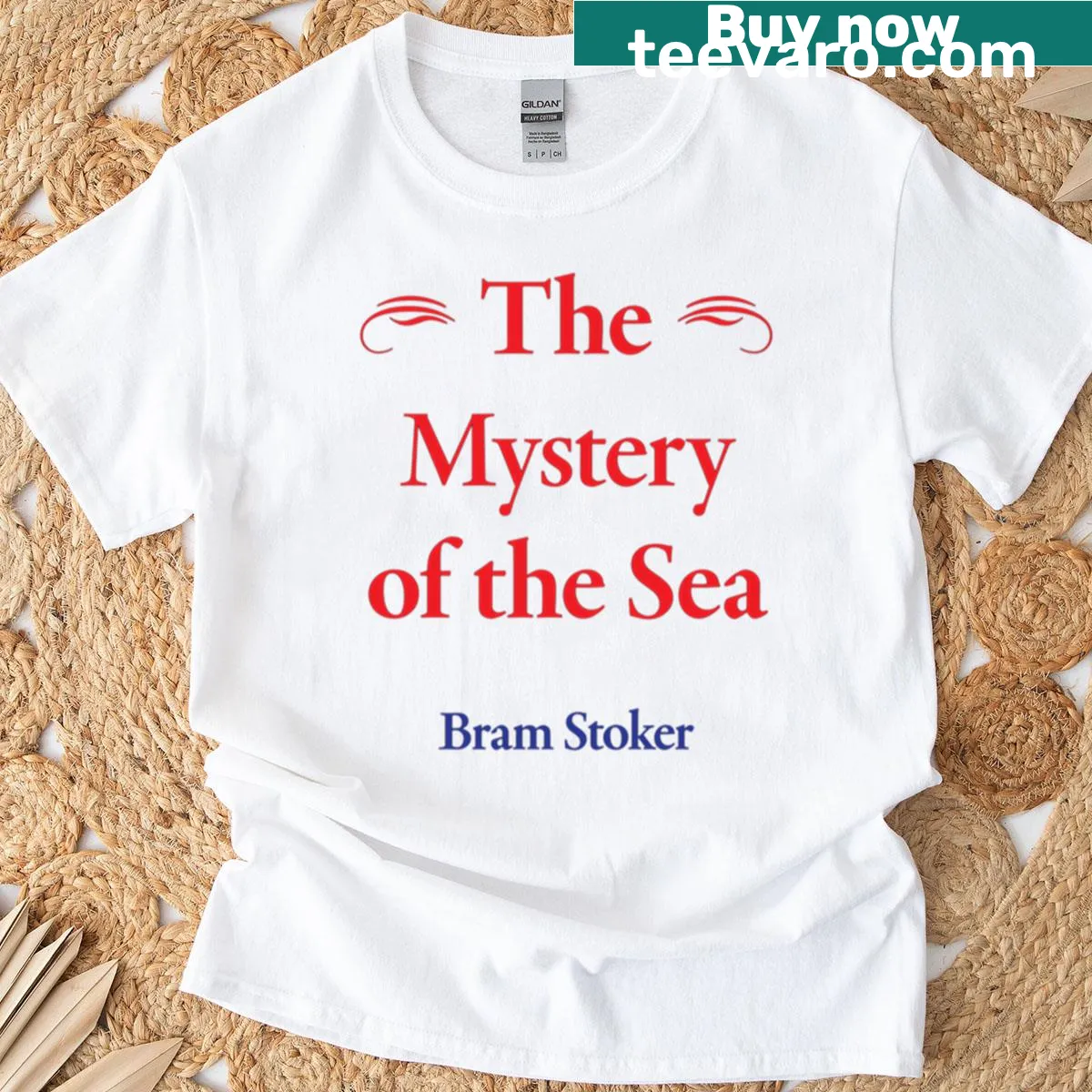 Bram Stoker literature t-shirt featuring 'The Mystery Of The Sea' design — on a men's t-shirt