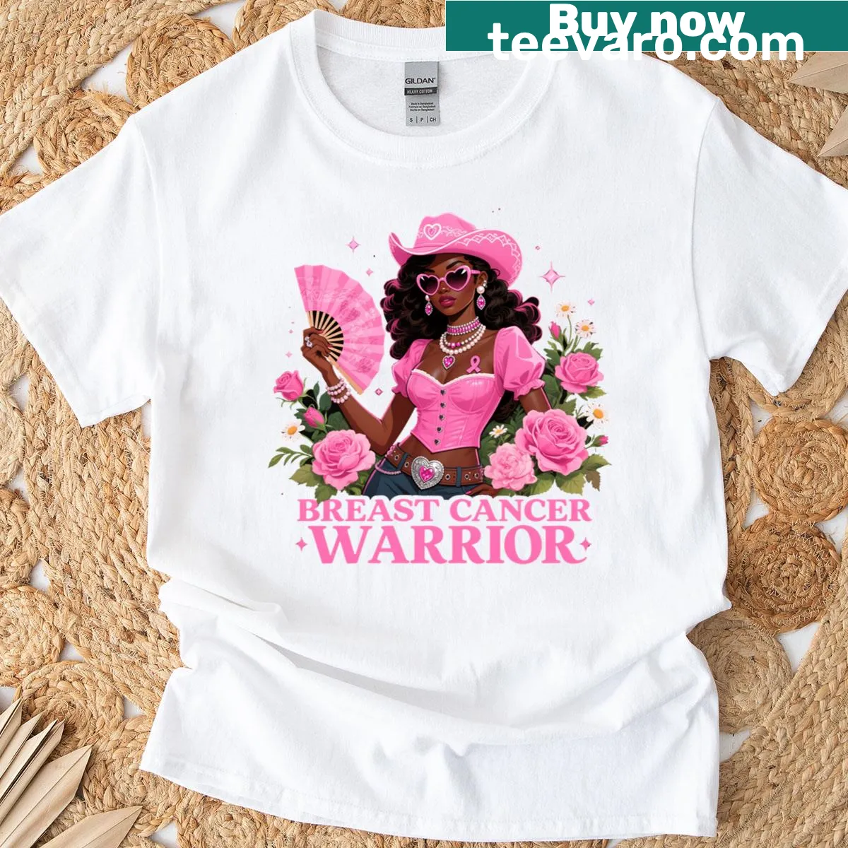 Supportive pink cowgirl-themed t-shirt for breast cancer awareness — on a men's t-shirt