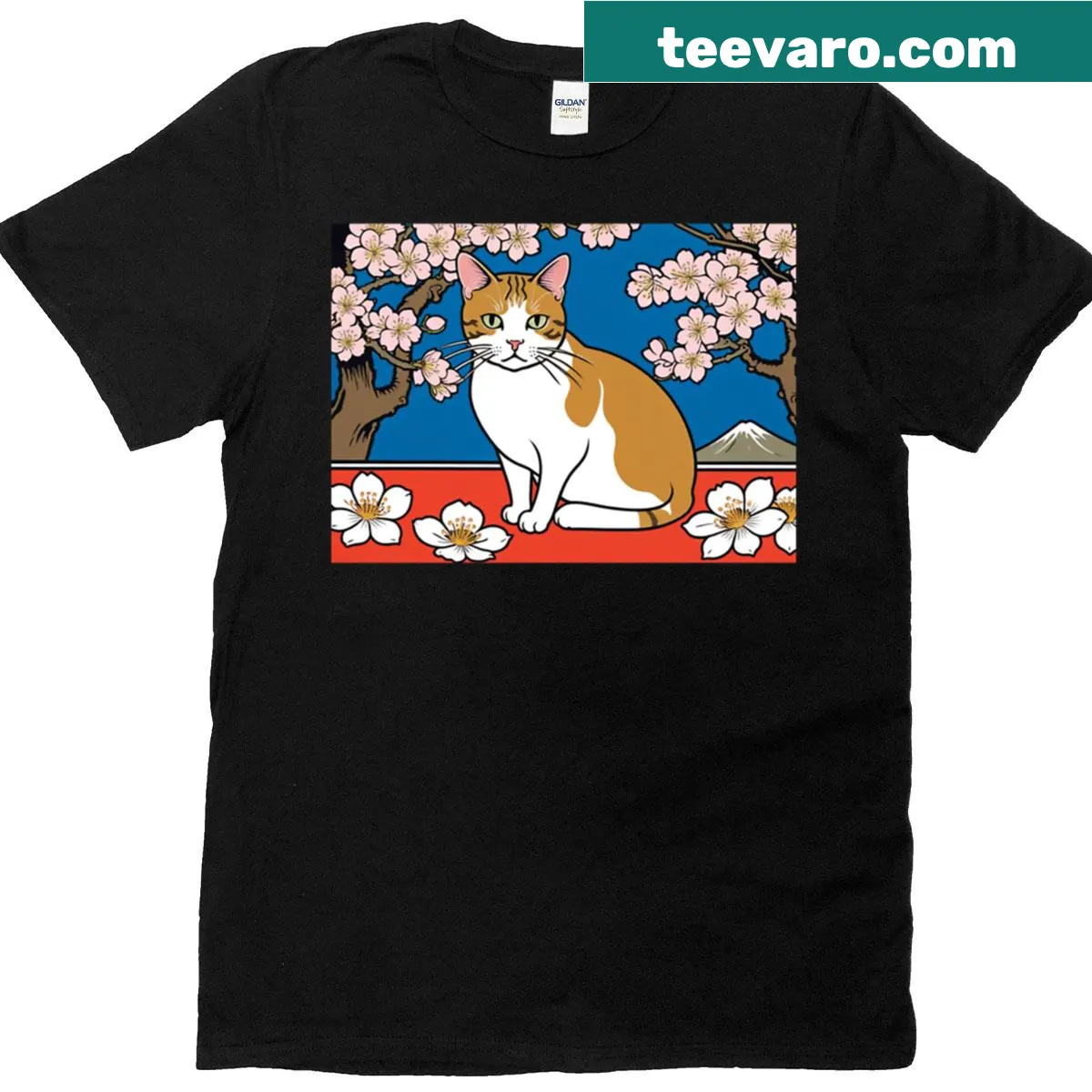 Japanese style T-shirt featuring a cat with plum blossoms illustration — on a men's t-shirt