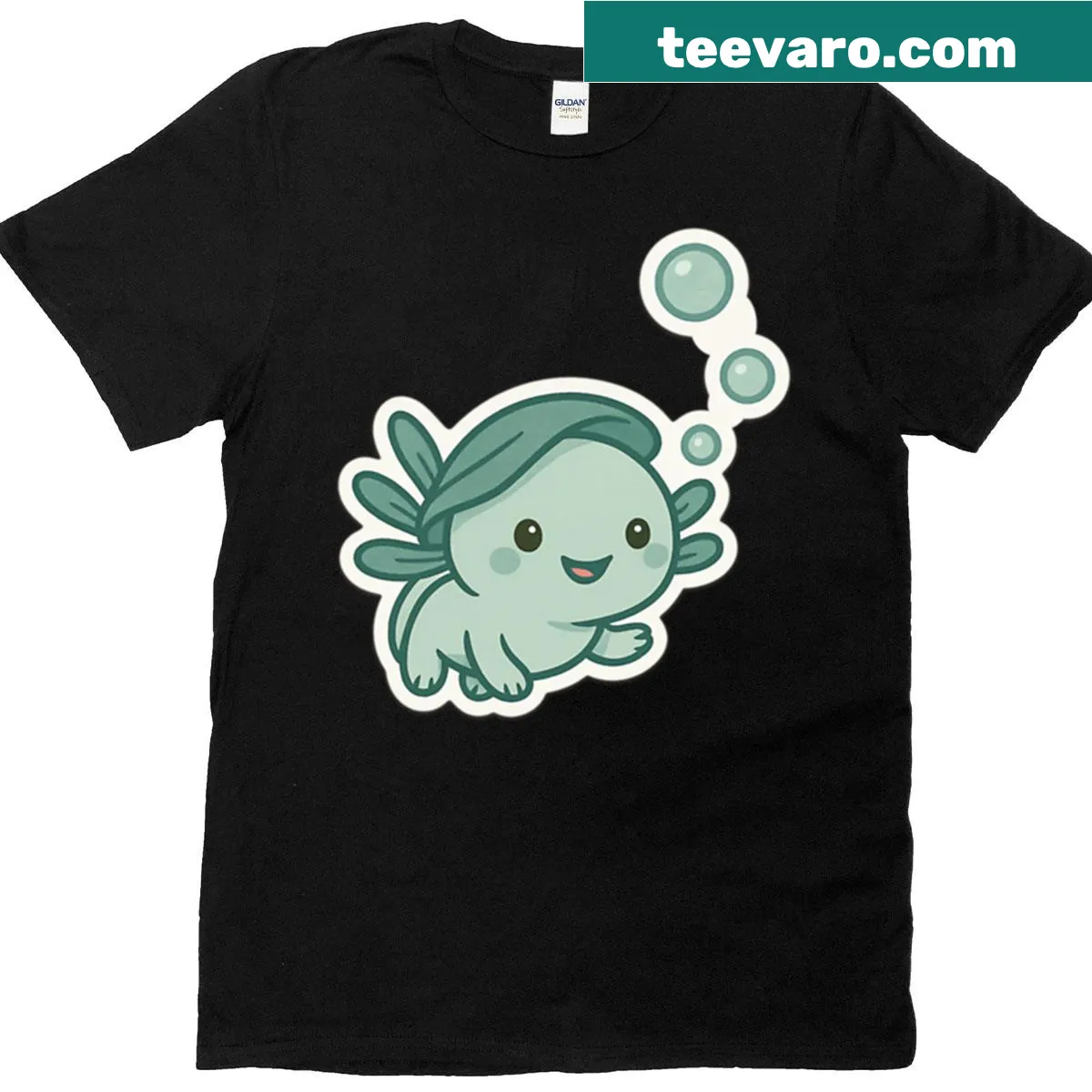 Illustration of Bubbles the Axolotl surrounded by bubbles — on a men's t-shirt