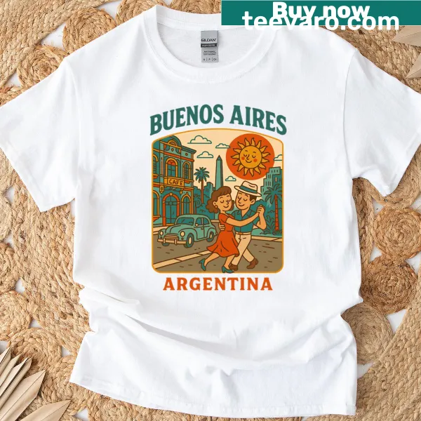 Retro T-shirt featuring a Buenos Aires tango street scene illustration
