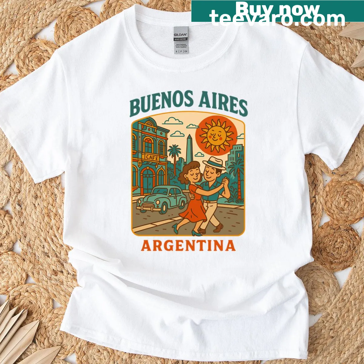 Retro T-shirt featuring a Buenos Aires tango street scene illustration — on a men's t-shirt