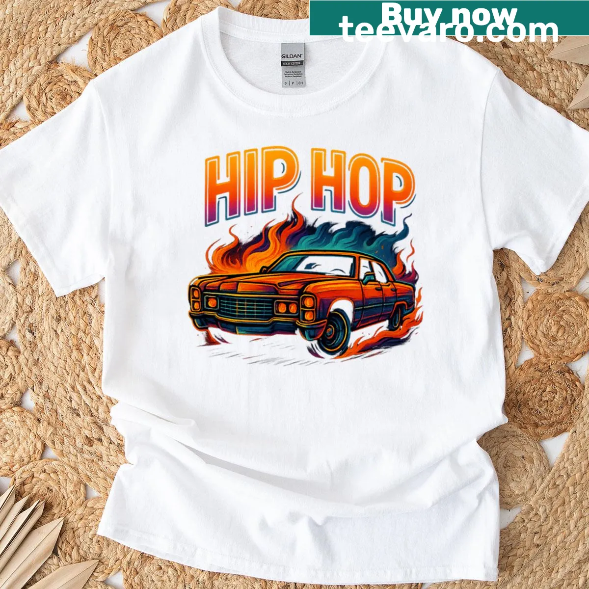 Hip-hop T-shirt featuring a neon-style design of a lowrider Cadillac — on a men's t-shirt