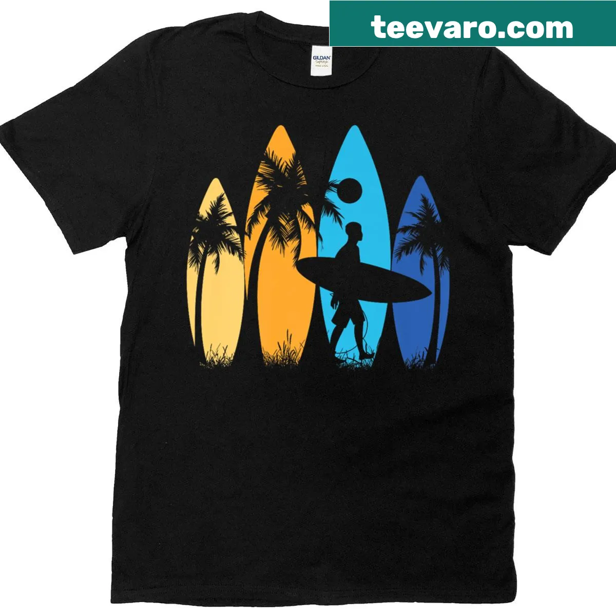 Illustrated California vacation T-shirt with palm trees and summer theme — on a men's t-shirt