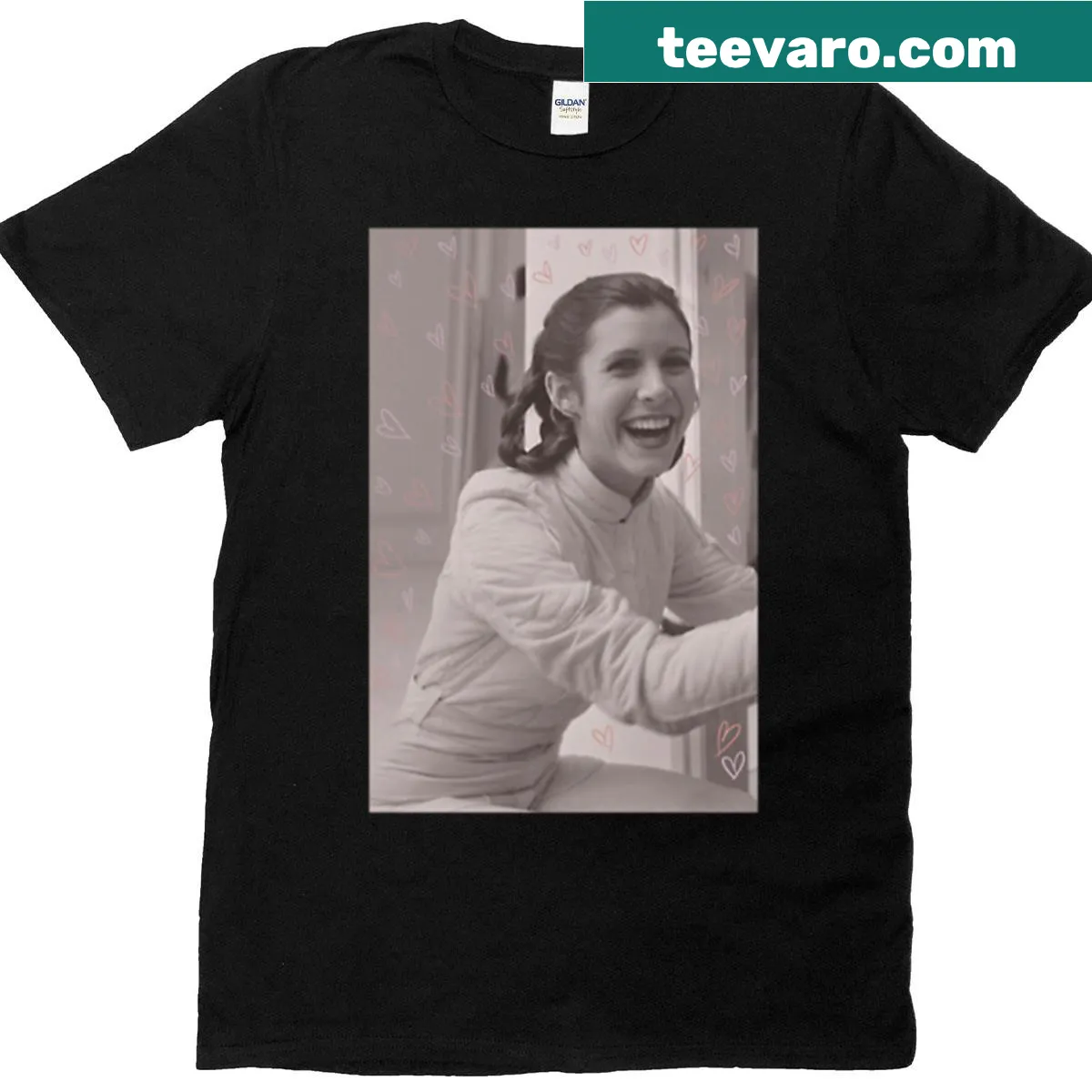 Illustrative t-shirt honoring Carrie Fisher in a creative design — on a men's t-shirt