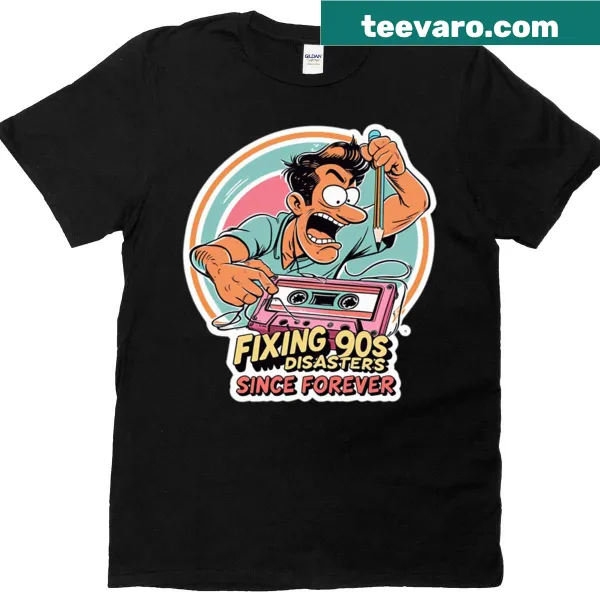 Cartoon graphic of cassette tape untangling on oversized T-shirt
