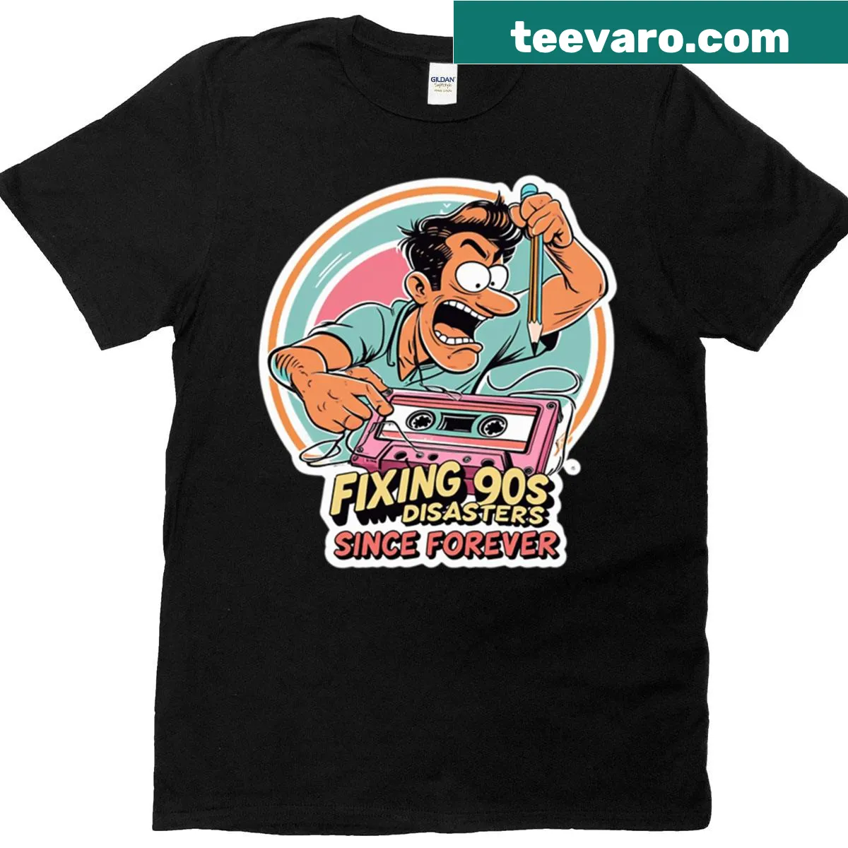 Cartoon graphic of cassette tape untangling on oversized T-shirt — on a men's t-shirt