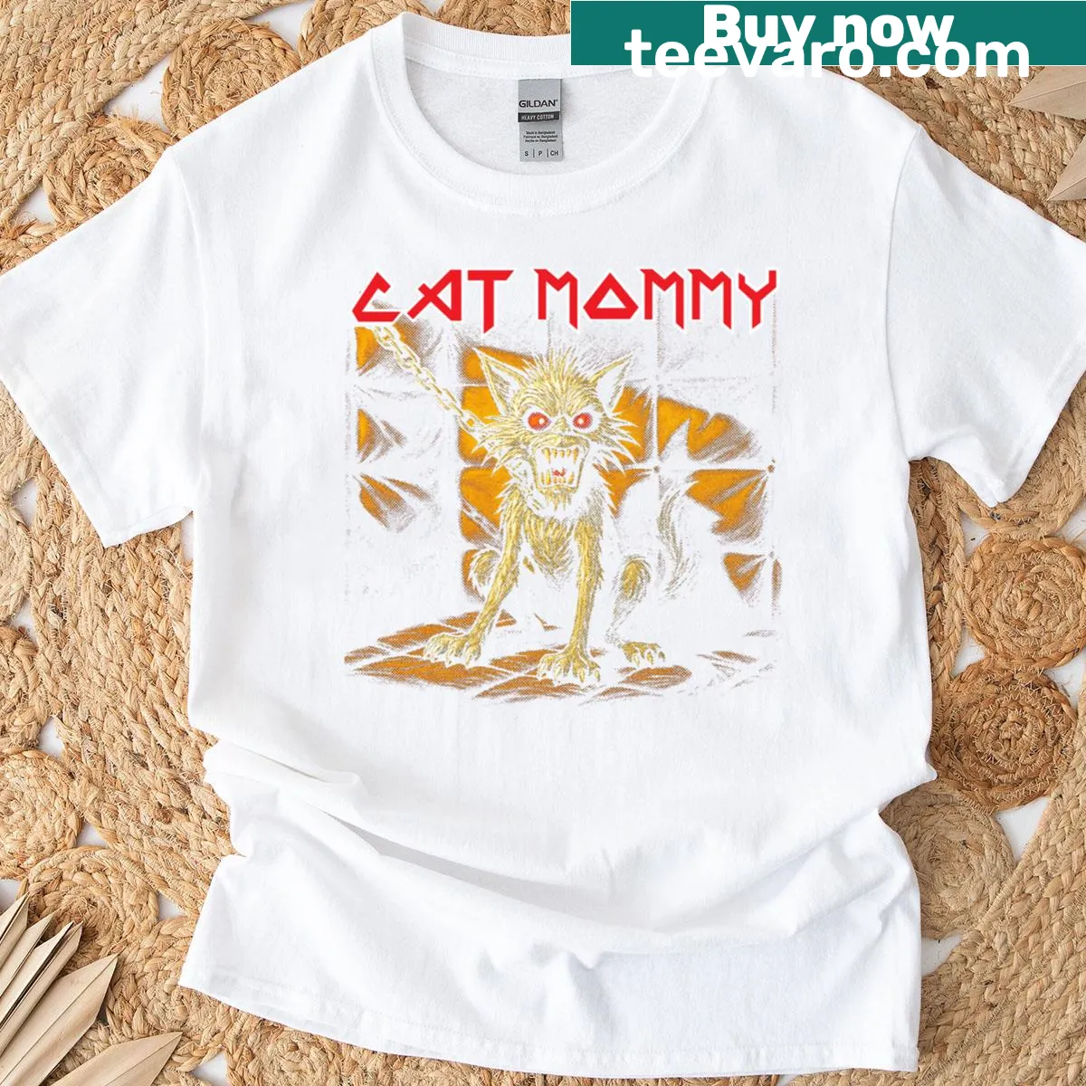 Funny 'Cat Mommy' t-shirt with rock and roll design — on a men's t-shirt