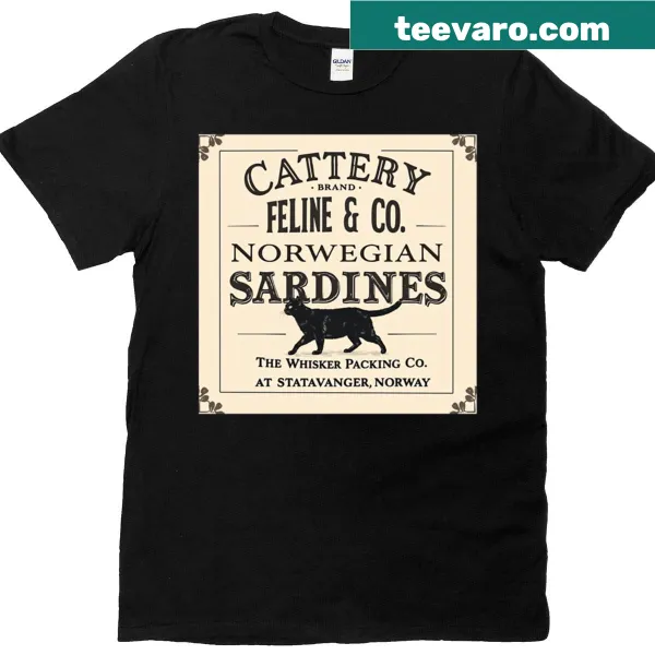 T-shirt with an illustration of sardines labeled 'Cattery Brand'