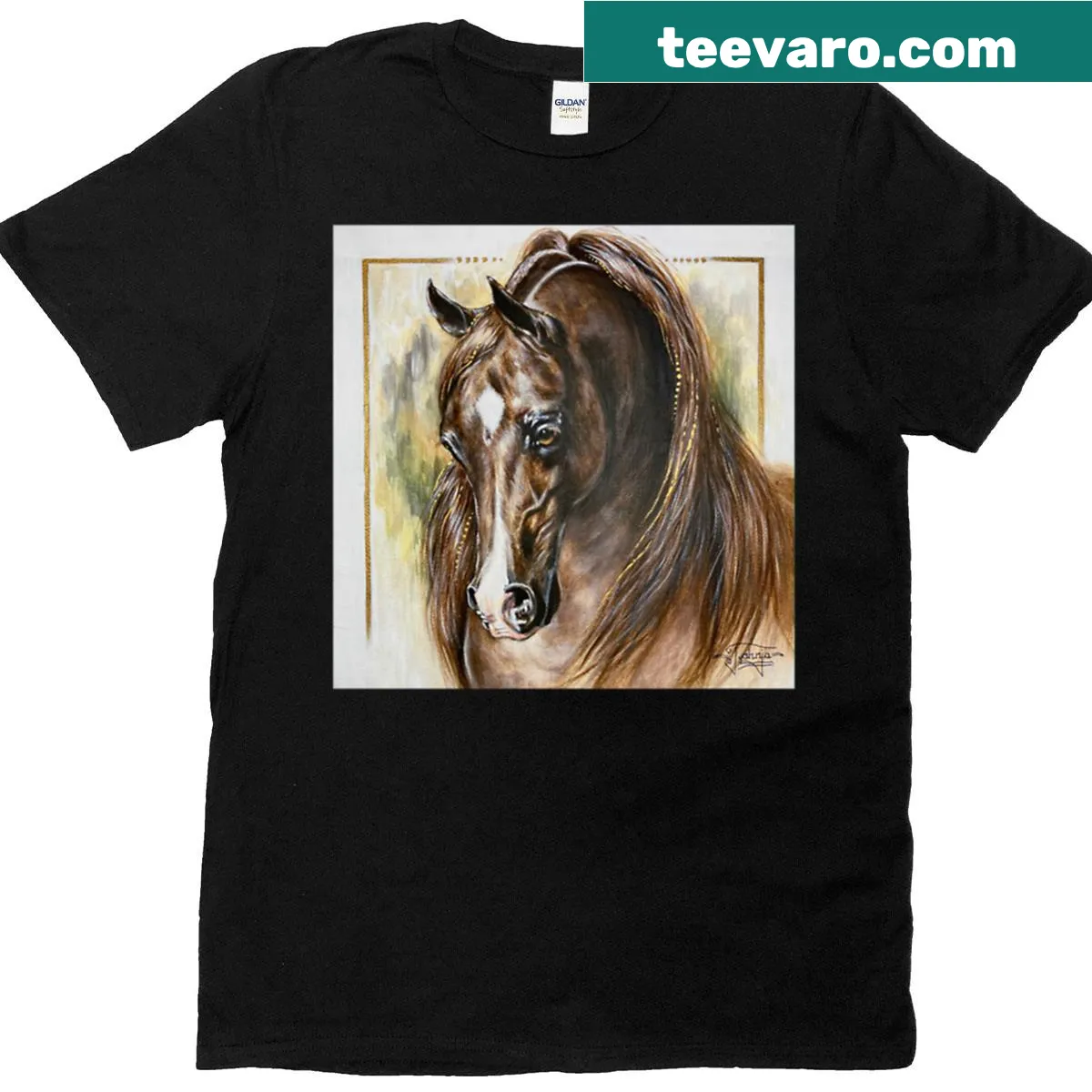 Acrylic portrait of chestnut Arabian horse on T-shirt — on a men's t-shirt