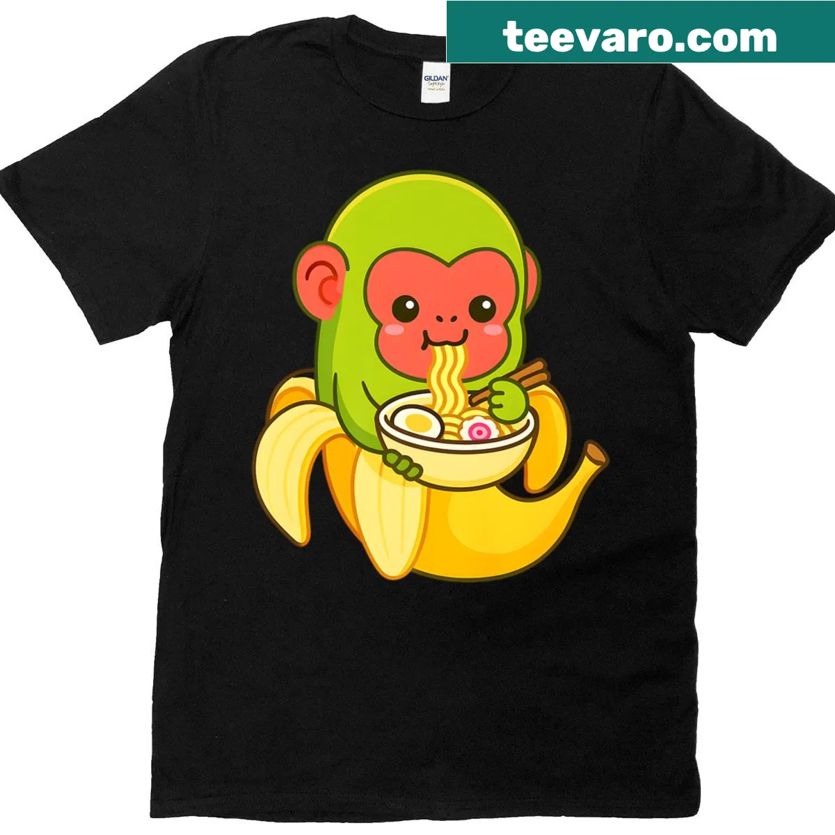 Cartoon chimp eating ramen with humorous fusion theme — on a men's t-shirt