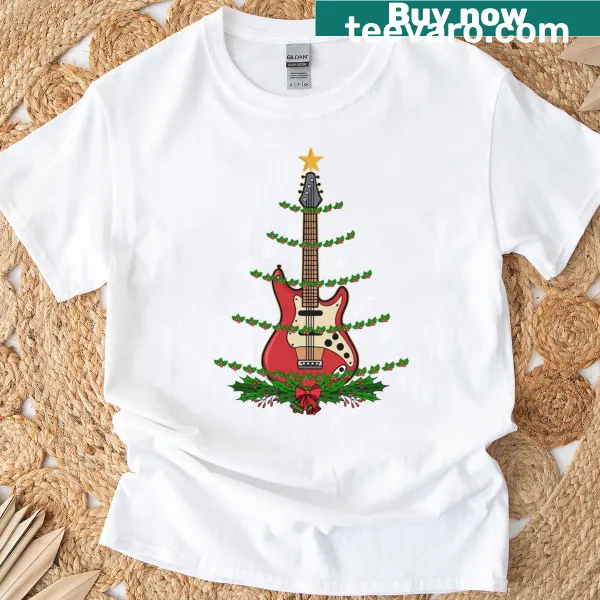 Funny Christmas T-shirt featuring a guitar tree with lights