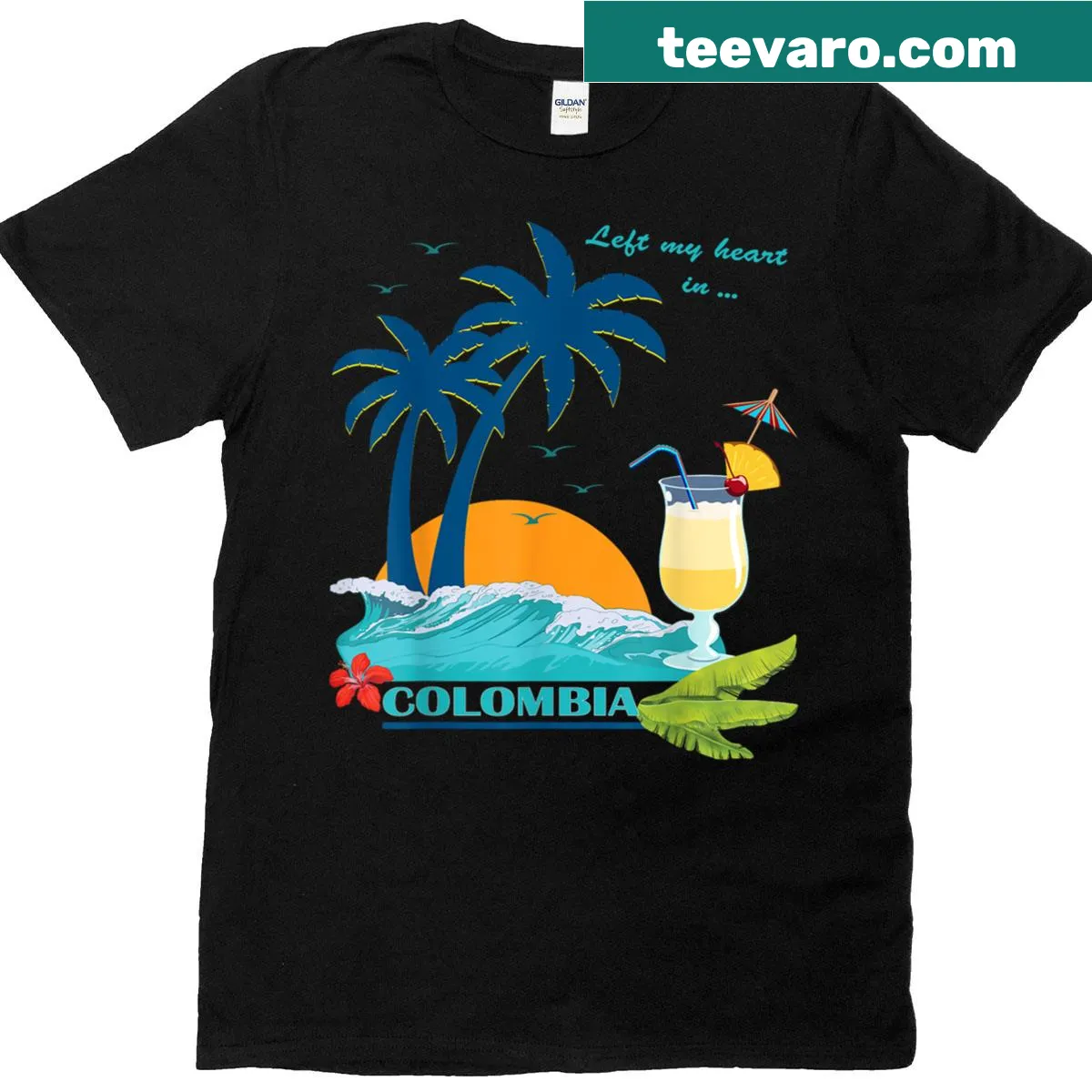 T-shirt featuring a beach and cocktail illustration — on a men's t-shirt
