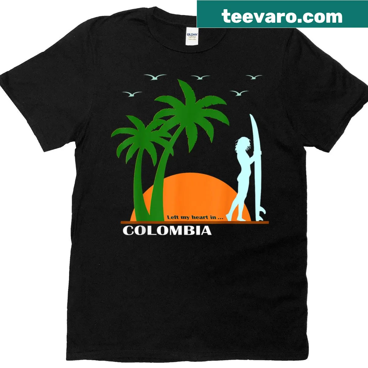 Illustration of Colombia's beach with palms and surf graphics — on a men's t-shirt