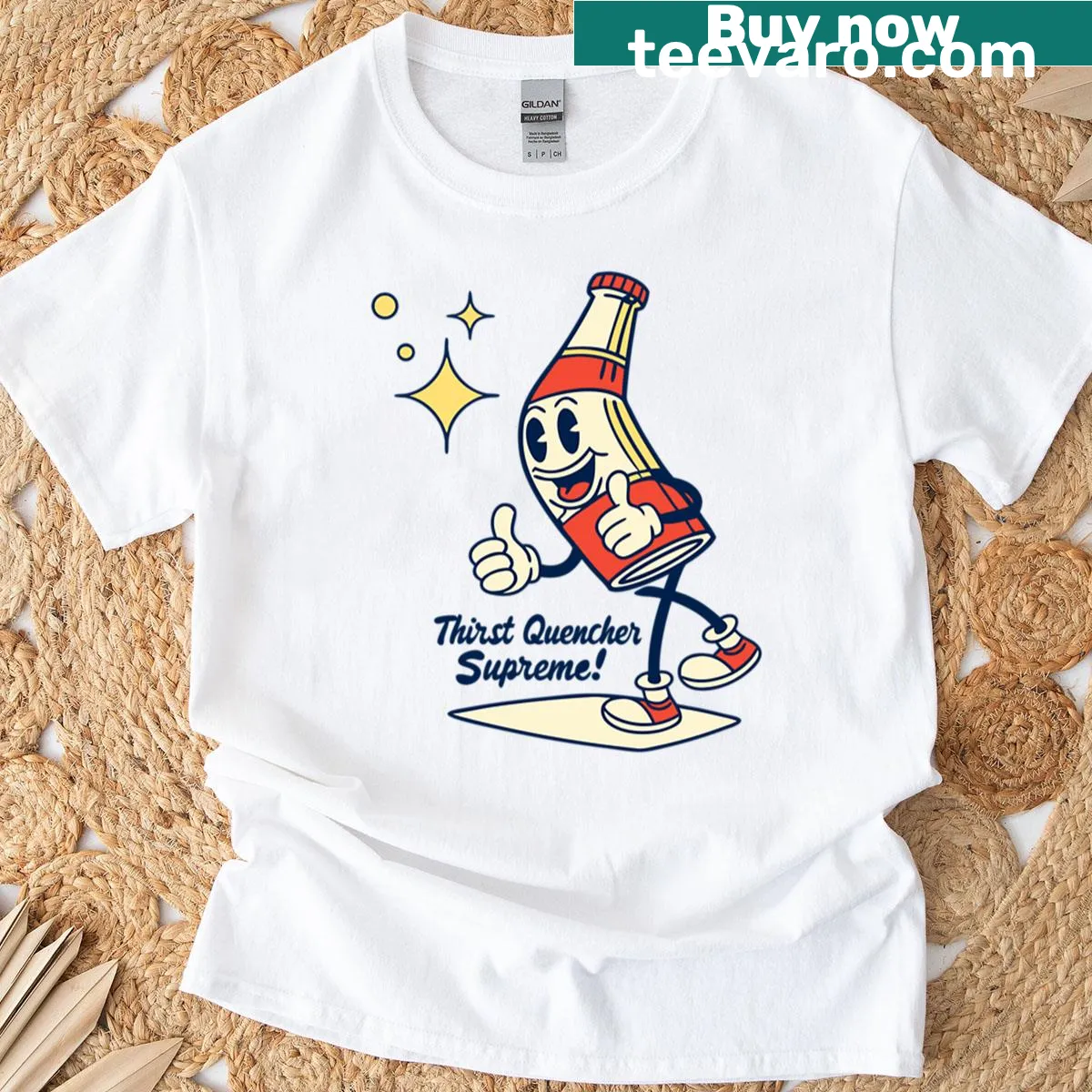 Retro cartoon soda bottle mascot with thumbs up graphic — on a men's t-shirt