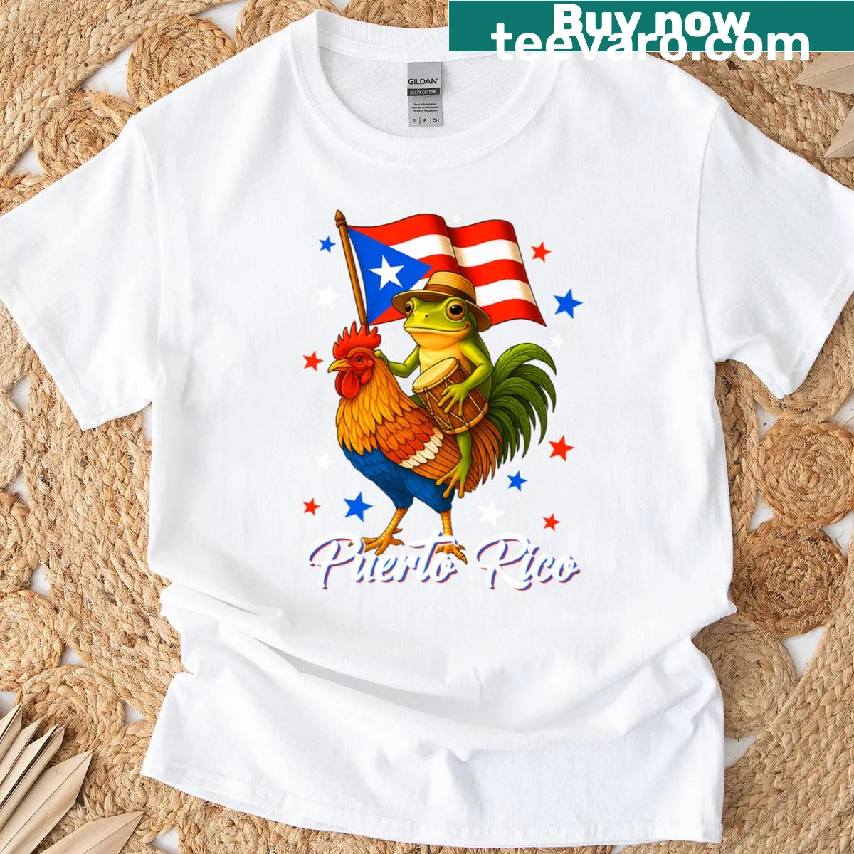 T-shirt with Coqui frog riding a chicken drum and Boricua flag design — on a men's t-shirt