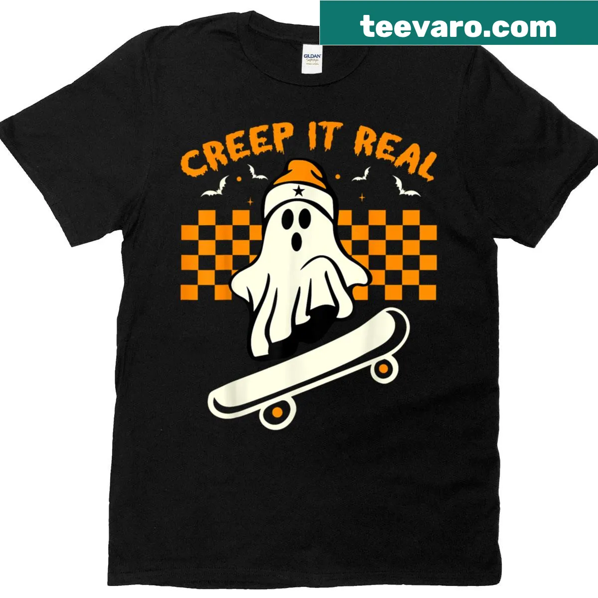 Cartoon ghost skating with the phrase Creep It Real for Halloween — on a men's t-shirt