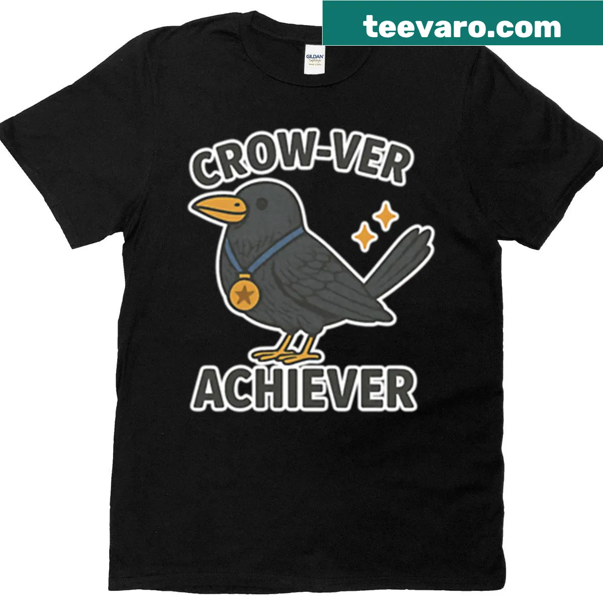 Motivational design featuring a crow and a medal graphic — on a men's t-shirt