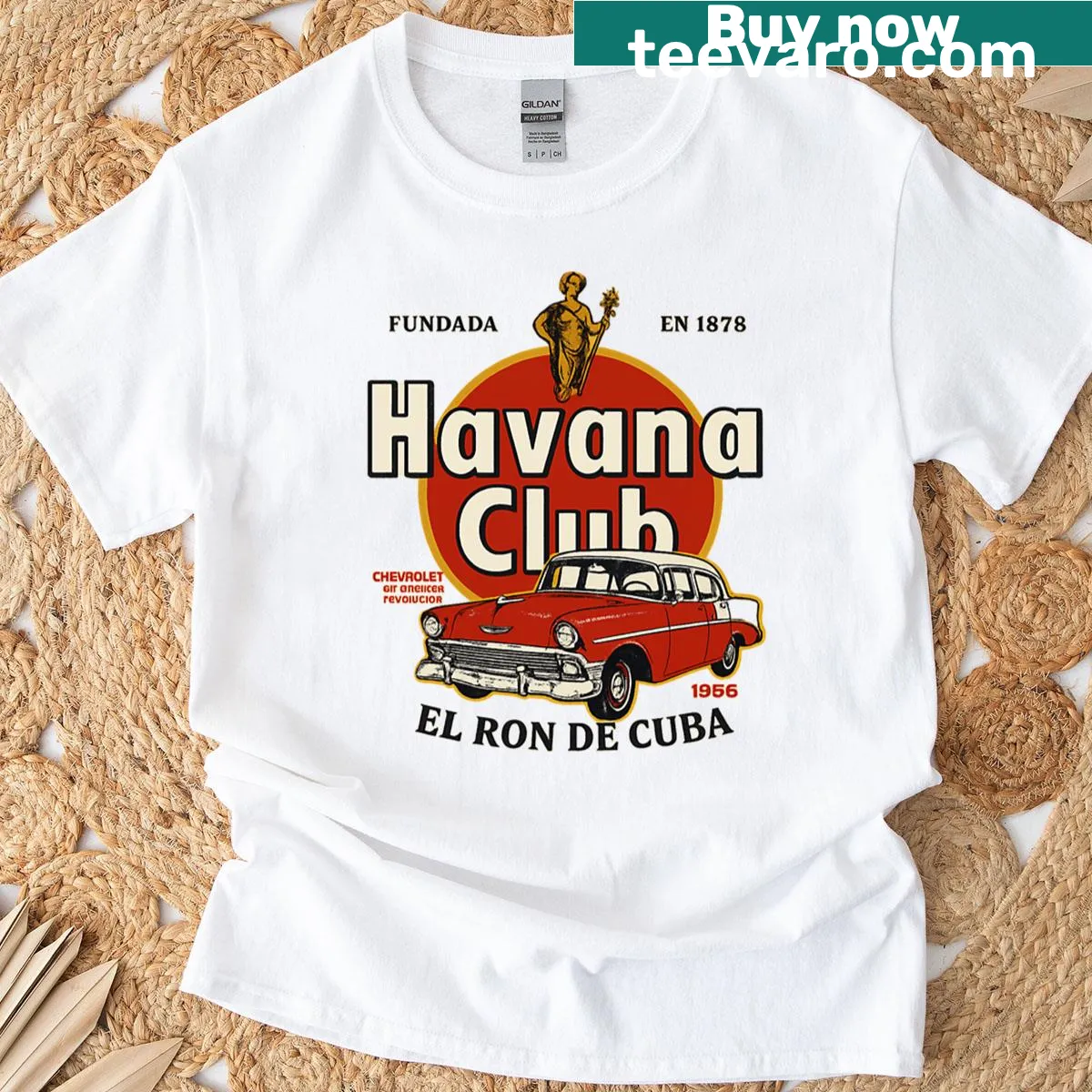 Oversized t-shirt with vintage Cuban car and rum poster art — on a men's t-shirt