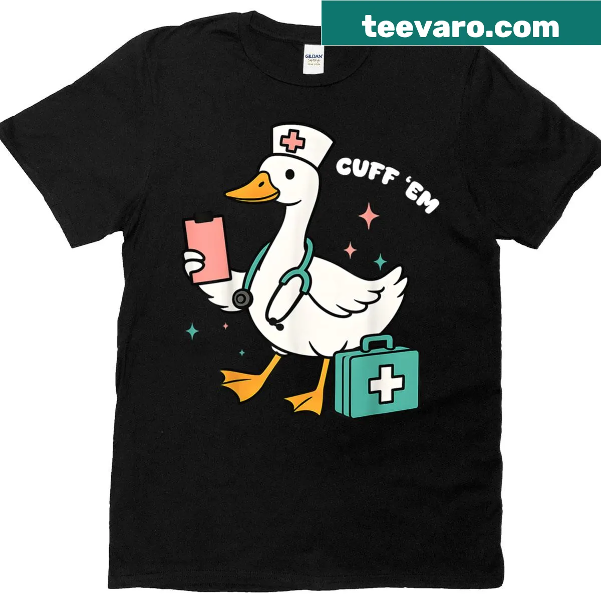 Funny T-shirt with a humorous goose design for nurses — on a men's t-shirt