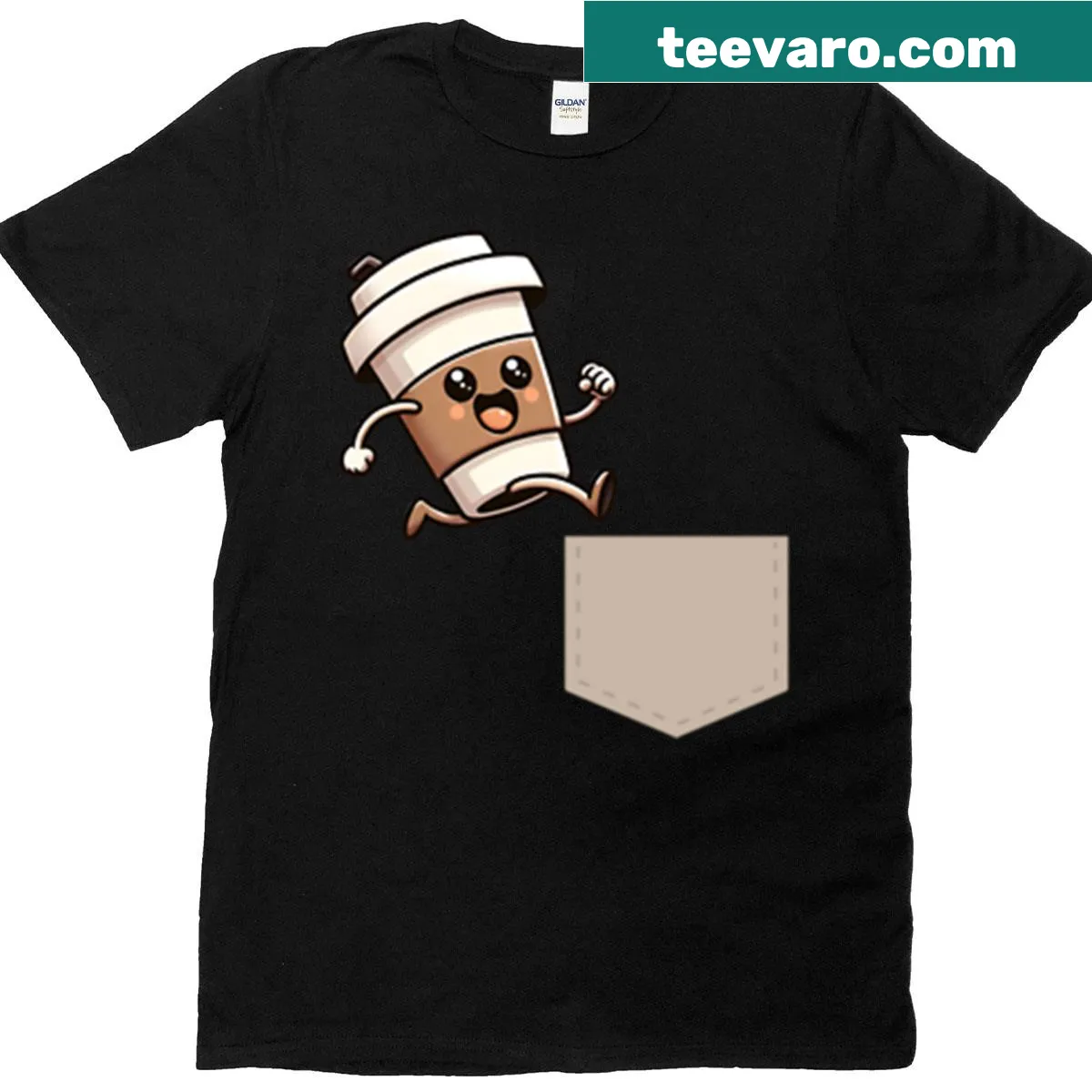 Cute T-shirt with cartoon coffee cup design in pocket — on a men's t-shirt