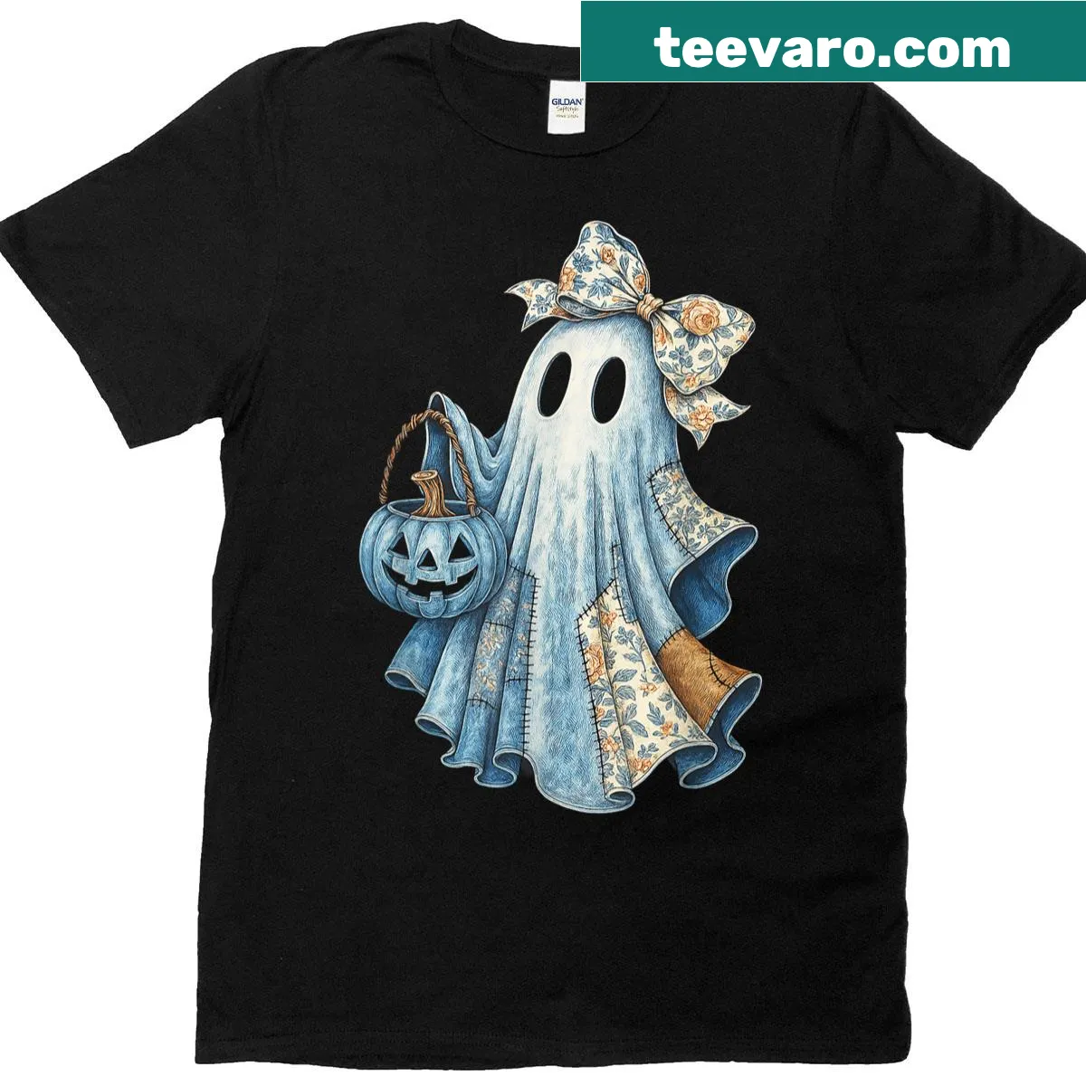 Illustrated denim ghost with a floral bow on a t-shirt — on a men's t-shirt
