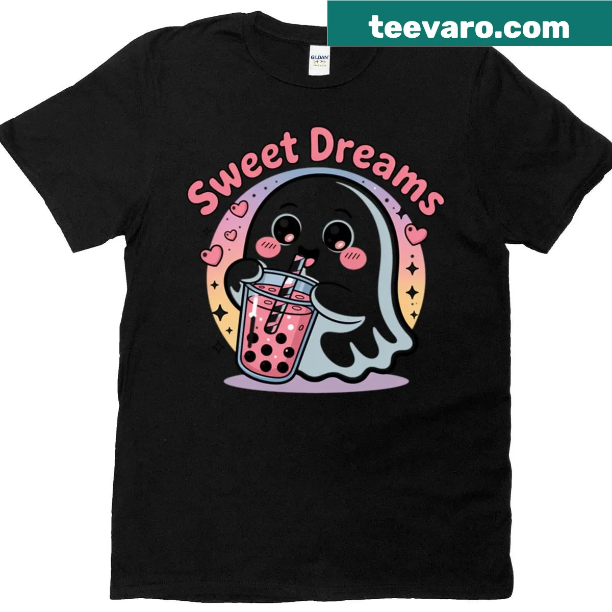 Kawaii Halloween T-shirt with cute ghost and bubble tea — on a men's t-shirt