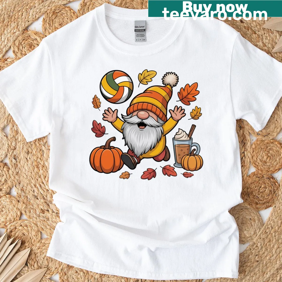 T-shirt featuring a cute gnome with volleyball and pumpkin spice design — on a men's t-shirt