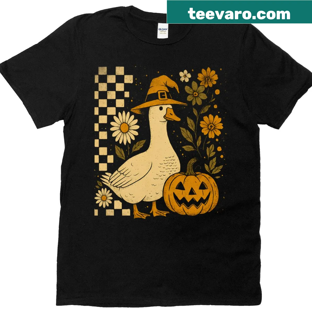 Cute goose in Halloween setting with checkered retro design — on a men's t-shirt