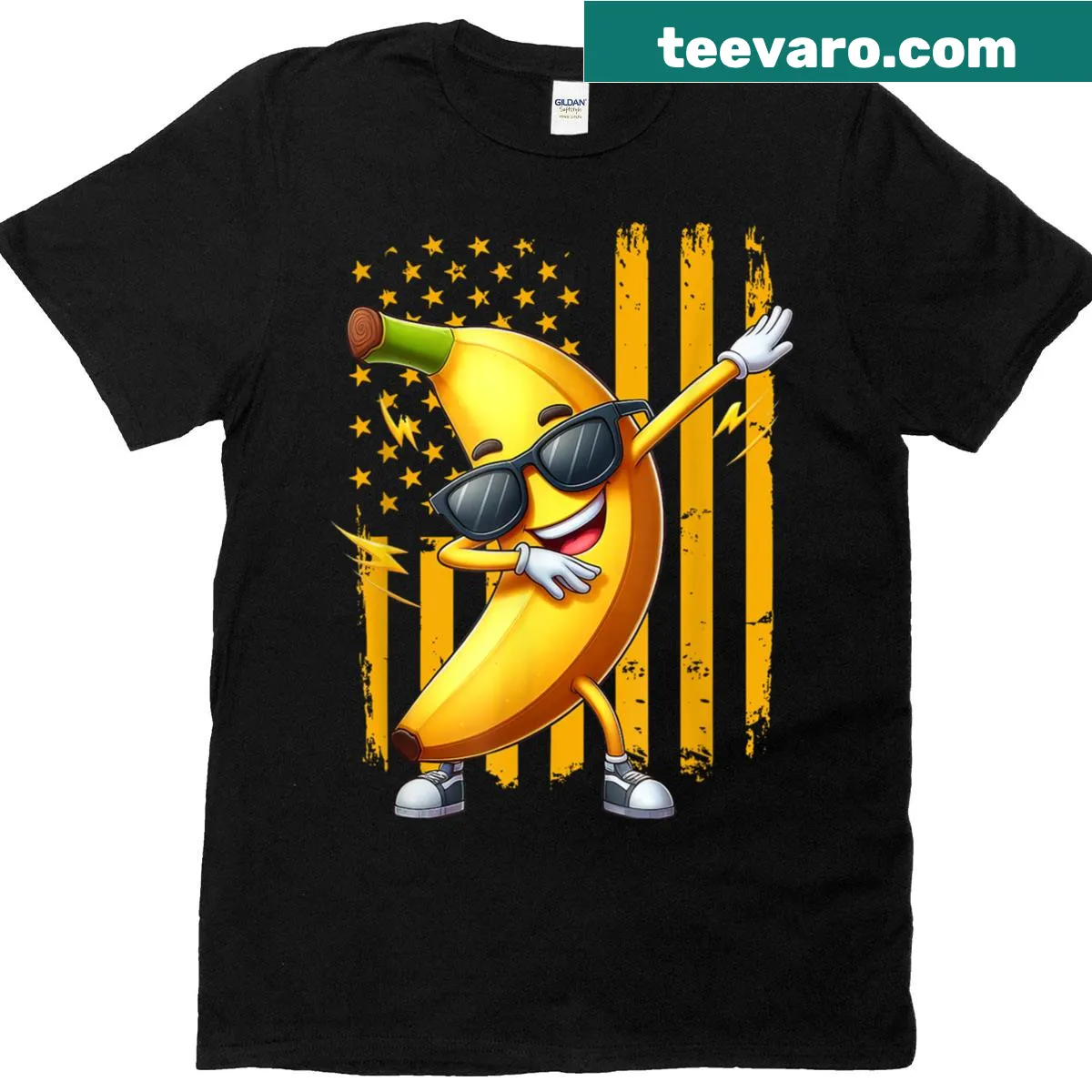T-shirt with a graphic of a dabbing banana and American flag. — on a men's t-shirt