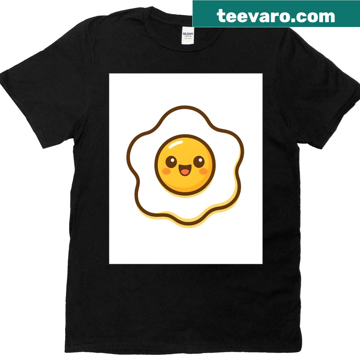 Cute graphic t-shirt with a smiling fried egg in kawaii style — on a men's t-shirt