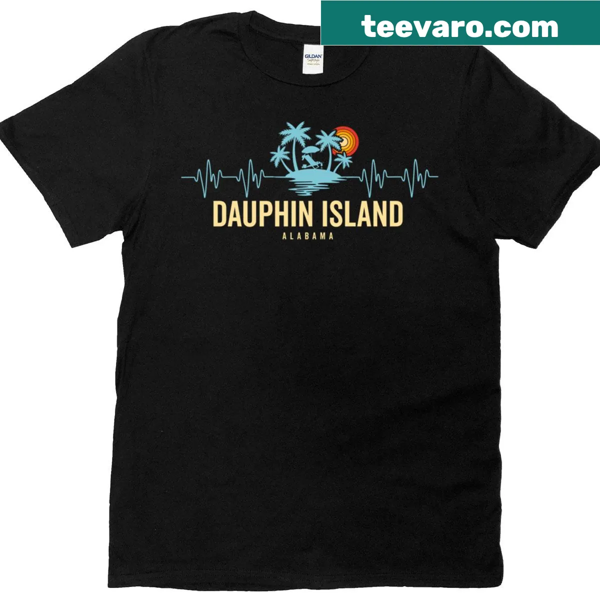 Vintage-style shirt with heartbeat graphics celebrating Dauphin Island — on a men's t-shirt