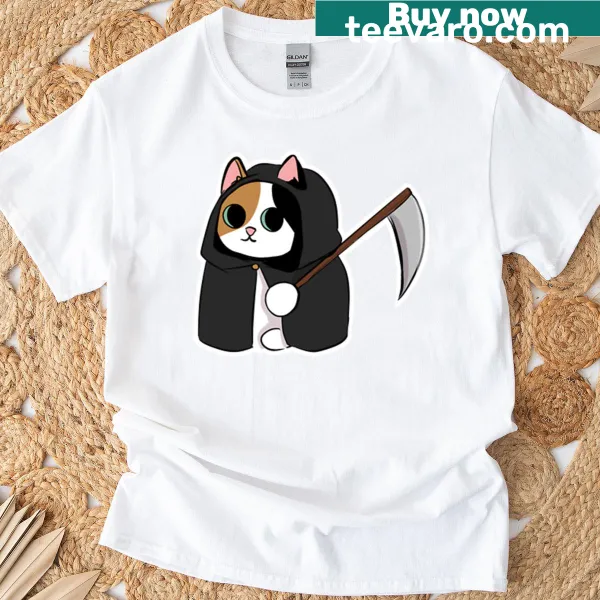 Whimsical illustration of Death the Cat on a T-shirt, perfect for cat lovers