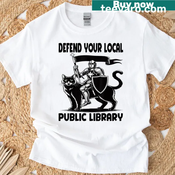 Funny T-shirt featuring a knight cat advocating for local libraries