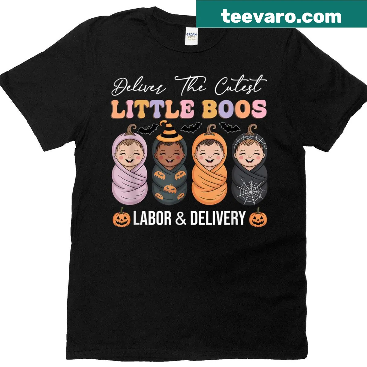 Halloween t-shirt for nurses with 'Deliver The Cutest Little Boos' text — on a men's t-shirt