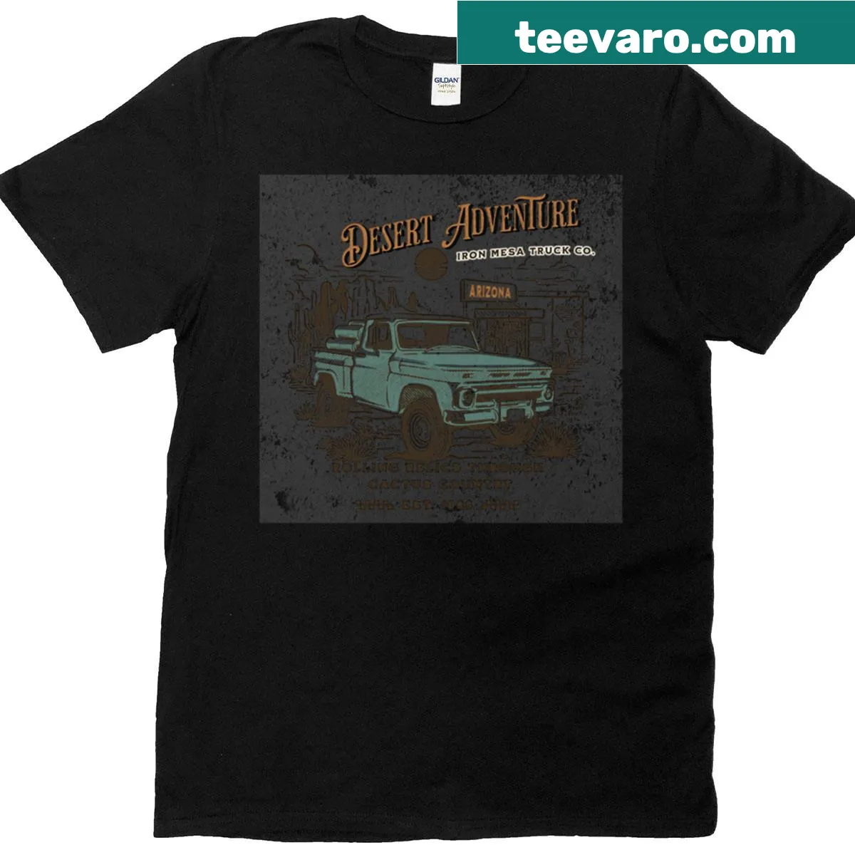 Vintage distressed truck design rolling through cacti — on a men's t-shirt