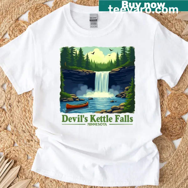 Vintage canoeing design featuring Devils Kettle Falls in Minnesota