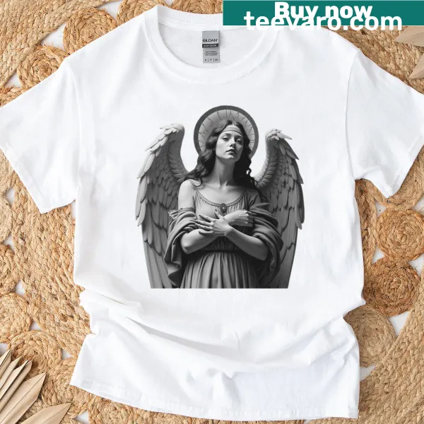 Monochrome angel illustration on a T-shirt, merging gothic and celestial themes